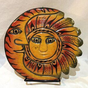 Hand Crafted Hand Painted Celestial Sun & Moon Face Wall Decor